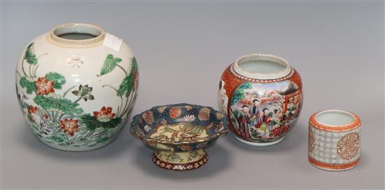 A 19th century Chinese famille verte jar, a shou medallion pot, a damaged teapot and a pedestal dish